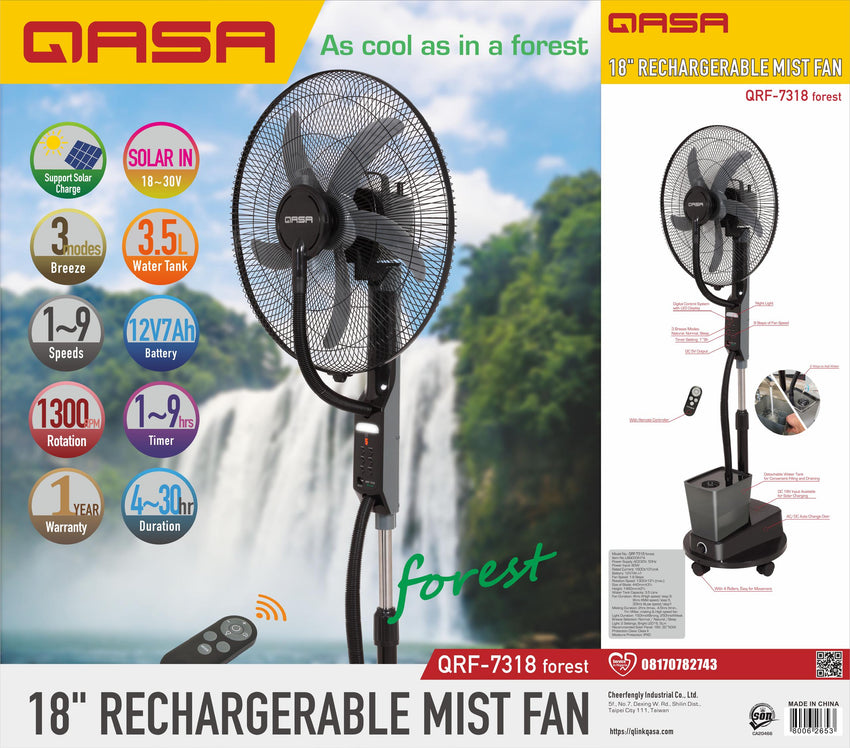 Qasa 18-Inch Rechargeable Mist Fan